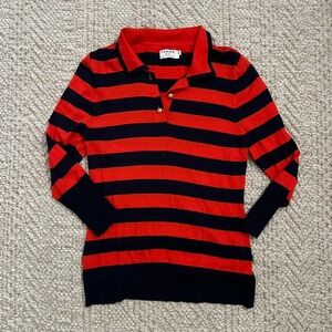 FRAME Denim Striped Polo Sweater Red Navy Blue Gold Button Long Sleeve Top Large